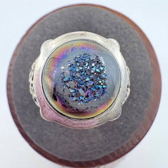 VTG Sterling Silver 925 Druzy Quartz Floral Shoulder Statement Ring Size 9 - Picture 2 of 8